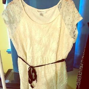 White lace maternity tunic with black ribbon tie